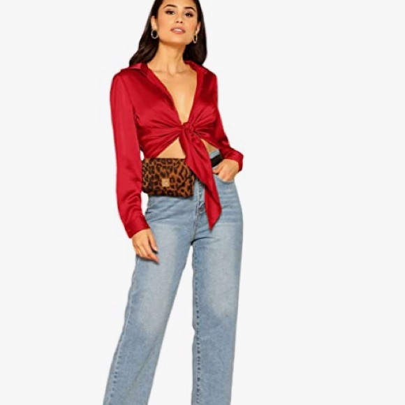 NWOT🍀Women's Long Sleeve Self Tie Knot Front Top Blouse Shirt - Picture 13 of 13